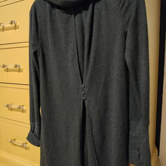 Charcoal Longsleeve Drawstring Cowl Neck Tunic w/ Thumbholes and Button Detail - Picture 2 of 6